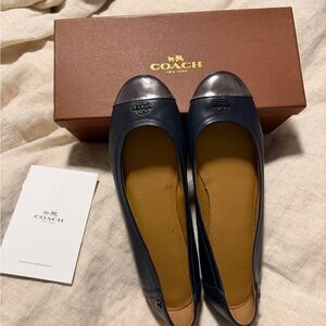 Coach Women's Dark Blue and Metallic Silver Flats